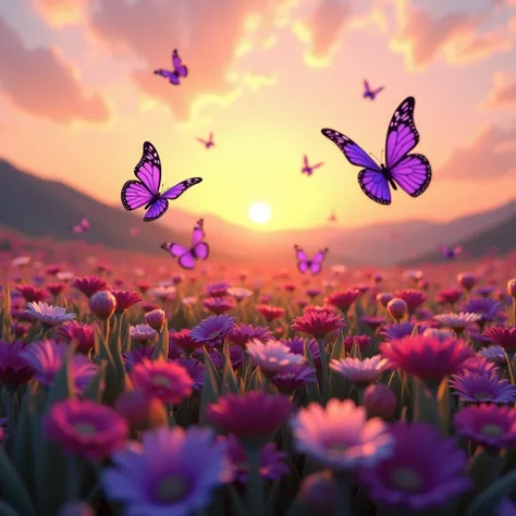 Purple butterflies flying around a field of flowers during a beautiful sunset, 3d render