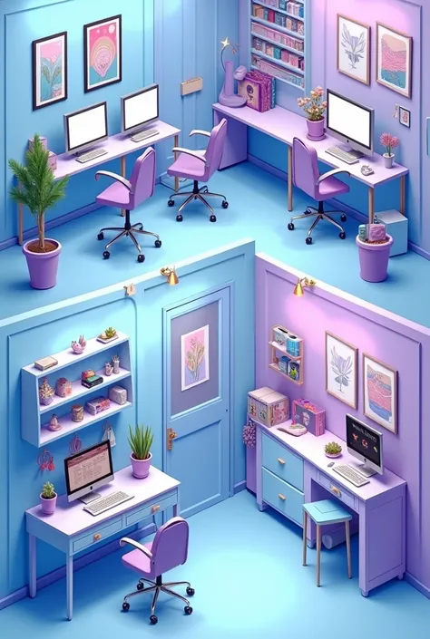 Une espace de 3*4m couleur bleu ciel, une espace de Cybercafé a droite avec une occupation de 1m40*3(dont il y a 4 ordinateur de bureau et 4 chaise de couleur violet et bleu avec bureau de ces 4 ordinateur) separé par un paravent en voile lautre moitié ave...