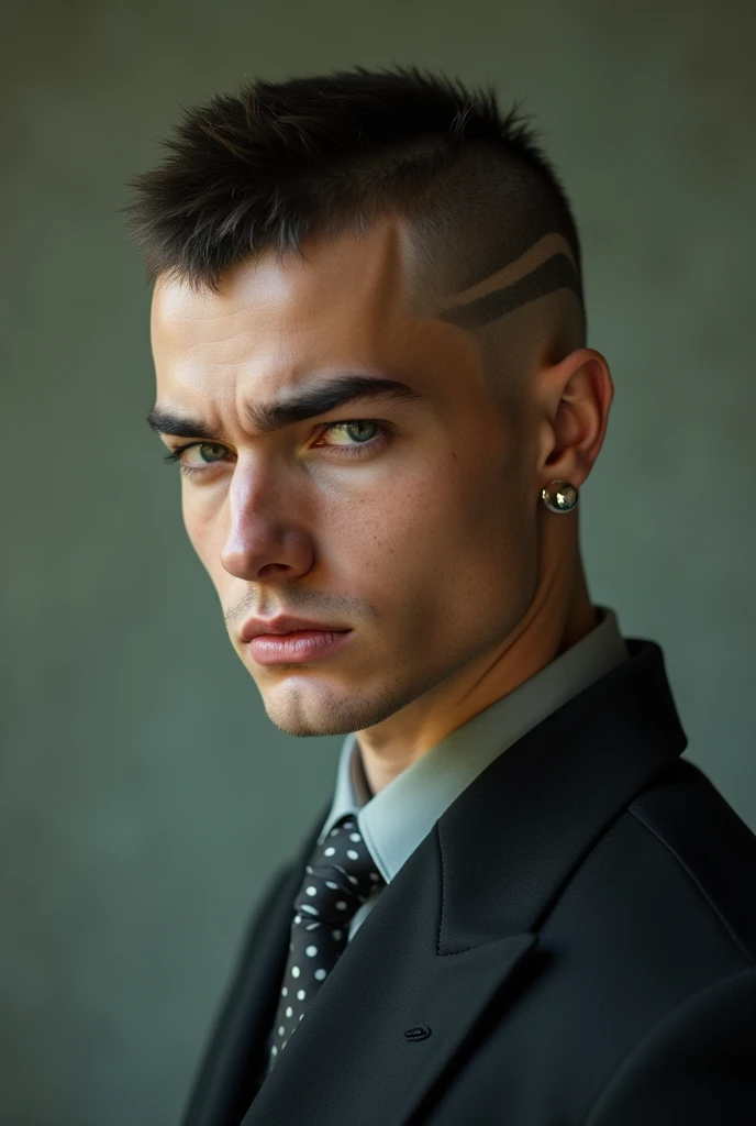 Buzz cut men with a line in a side dressed formal with silver earring both ear
A little angry look
1 person 
Portrait
Retro
Young