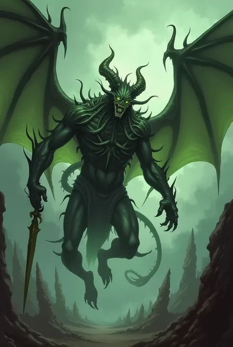 For a mtg card art, generate an image of a demon with wings and hydra-like heads. The art should be appropriate for a black and green card (the demon mostly being those colors) its flying,  holding a sword in one hand 