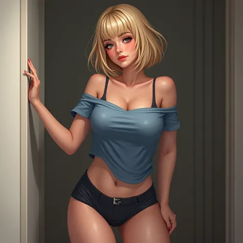 1 ,  high resolution , Alone, breasts,  looking at the spectator, Blush,  short hair, fringe,  blonde hair , detail, Ultra HD,  short hair, throw, curvalinea,  thick thighs , shiny silky skin ,  wearing a very naughty misfit t-shirt with thin straps, blue ...