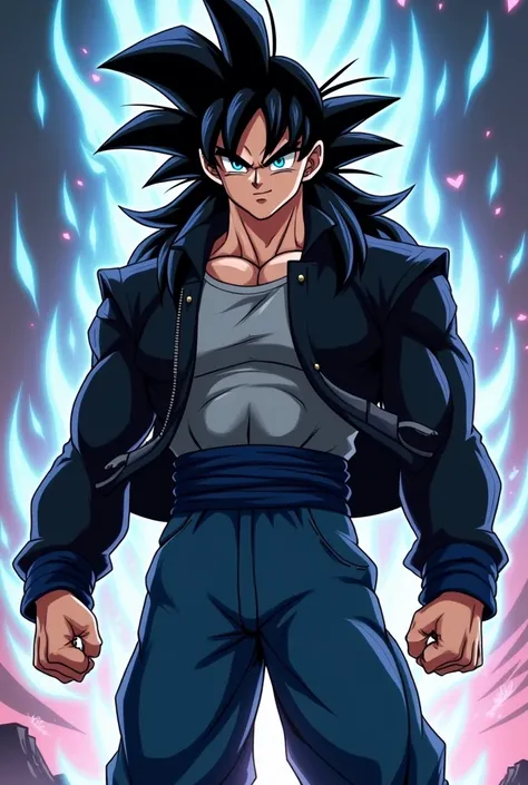 Goku with long black hair and blue eyes with black jacket and gray shirt and blue jeans dbs cartoon style