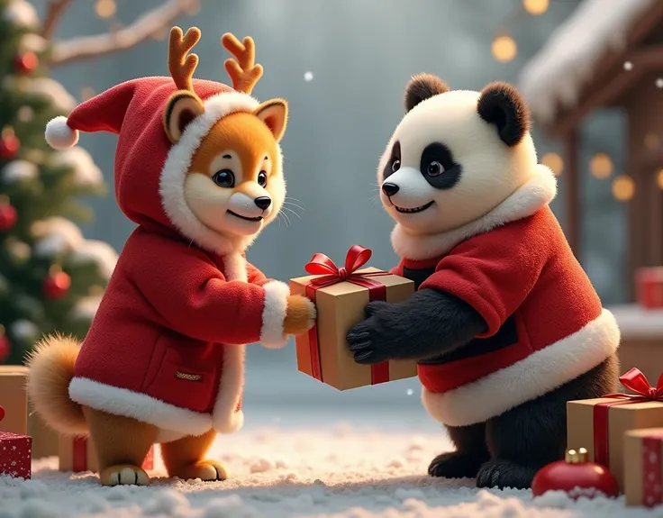 masterpiece, best quality, Photorealistic, realistic, photograph, Shiba Inu dressed as a reindeer and a panda dressed as Santa handing out presents