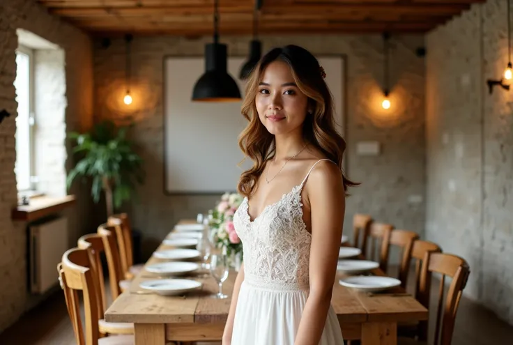 3.  Interior design Studio Wedding rustic style wedding dress ,  European country-inspired table .  Use carpentry wood for the table , chairs and ceiling .  Wall cladding raw brick or imitation stucco paint ,  combined with warm light from matte black meta...