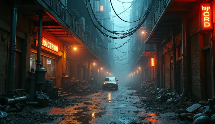 street-level picture of inside an dry slum made entirely of metal, metal streets, pipes, a little bit of metallic rusty junk, mild neon lights, no people, metal ground, softly aesthetic, this city long ago ate an incompetent mad steampunk wannabe scientist...