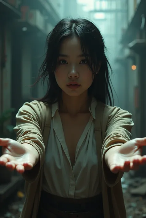  A beautiful woman, Asia, 20 tahun, wearing dystopian clothes ,  opens both hands forward, close up