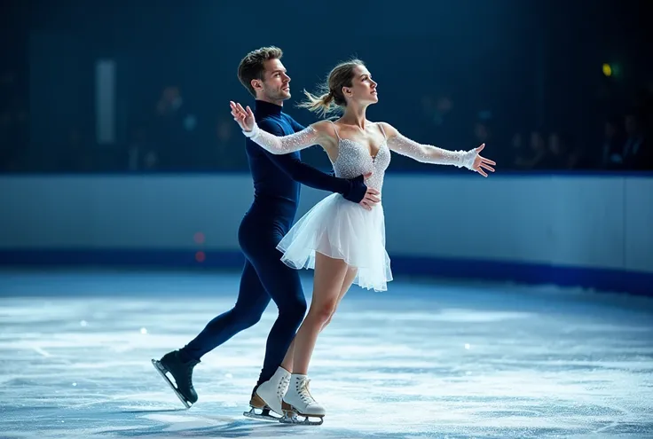 Realistic, theme is "ice dancing", pair ice dancing, synchronized step scenes, light and in sync steps, exhaled breath turns white, ice particles scraped off by skating turn into particles of light, men wear dark navy blue costumes and women wear white tig...