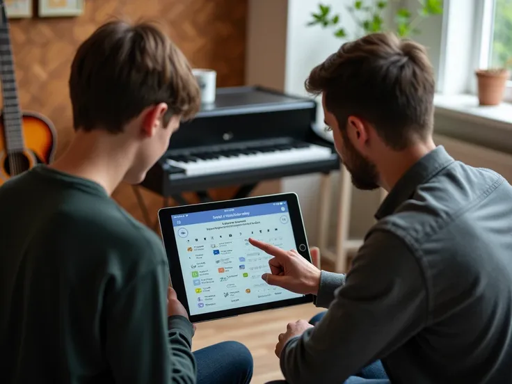 "A 28 years old boy and experienced music instructor sitting together in a lobby room with musical instruments like a guitar and keyboard in the background. They are focused on a modern tablet screen showing a clear vision only digital calendar and clock i...