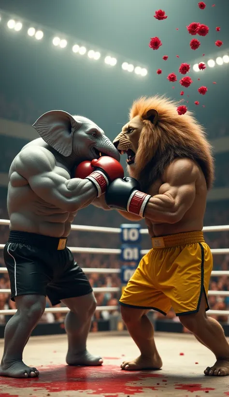 A light grey young bodybuilder male elephant wearing black boxing short  and a giant Male lion wearing yellow boxing short standing in boxing ring and hi give punch with blood on face of elephant and then blood clots roses from elephant face in air in slow...