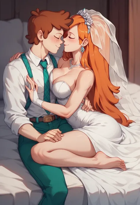 wendy corduroy(gravity falls)(ginger) and dipper pines(gravity falls)(brunnette) getting married ,  nsfw , adult_rating, 1boy, 1 girl, large breasts, teen,  romantic, ginger, white wedding dress, classy, form fitting  