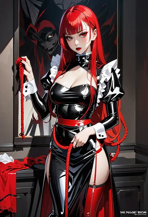  Highest image quality , masterpiece fails,  Portrait painting , Japanese,25+,Model, girl of incredible beauty,evil, full height, long red hair , straight brow bangs , red lace latex apron ,latex maid outfit ,covers the whole body,fits snugly to the body, ...