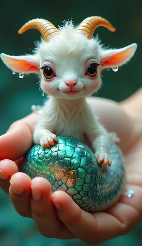 A surreal and enchanting close-up of a hybrid baby creature delicately cradled in a human hand filled with water. The creature is a whimsical fusion of a mini goat and a fish, featuring the playful face of a goat with soft, wet fur clinging to its skin, gi...