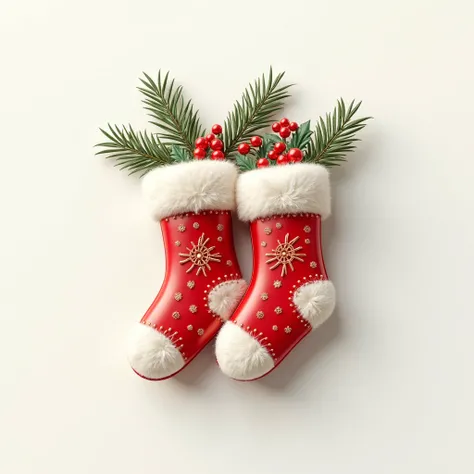 (masterpiece, top quality, best quality, official art,beautiful and aesthetic:1.2),(4K,8k, best quality,masterpiece:1.2),(((white background))), Alone, sock-themed Christmas badges，Flat metal material ，Christmas socks，High-quality texture， clear and accura...