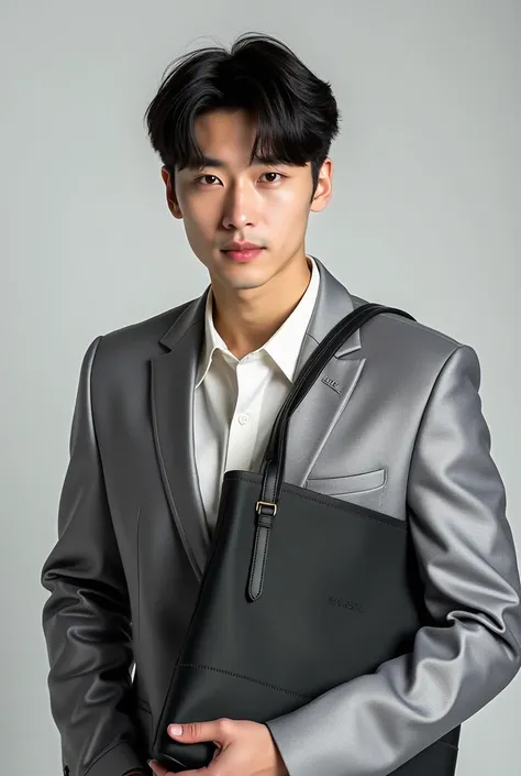 Fashion photos in the studio SXR brand features a handsome Korean model wearing a silver suit shirt, showing a black tote bag14*16 inch, showing off the front of the SXR print straight in a handsome pose.   