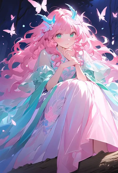 This character is a woman, her lips are pink, has long straight shiny bright pink hair, unique bright light blue horns resembling a dragon. Sharp leaf green eyes shine, wearing a slightly short white blue dress decorated with shaped ornaments. butterfly. H...