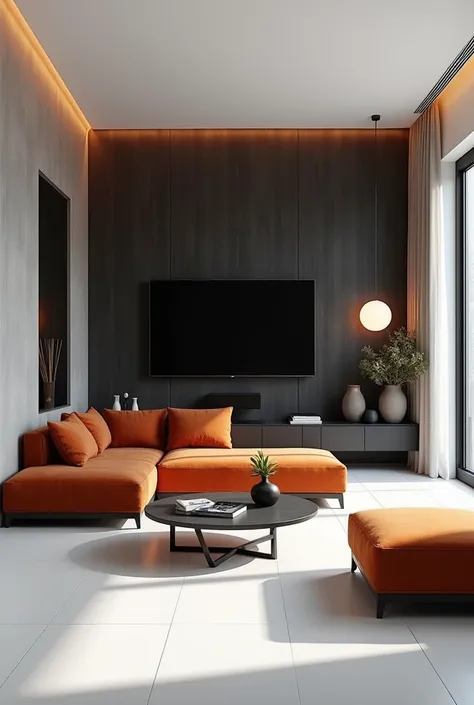 Living room, dark wooden tv wall, other walls white, white tile, L shape sofa burnt orange color, no warm lights