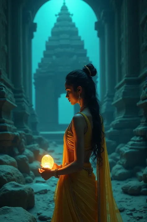 Princess, 26 years old, in the depths of the ocean, in front of the temple, at night, looking at the stone which is giving a soft light, clothes Indian traditional. 