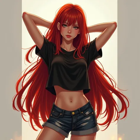 (high quality, ArtStation, fantasy style:1.2), (A beautiful girl, arms behind head), (very long red hair), (black crop top t-shirt, shorts)