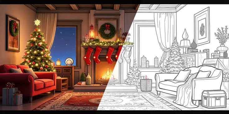 Christmas home decor scene, half of the image is a realistic photo-style depiction of a cozy living room filled with festive decorations like a beautifully adorned Christmas tree, sparkling lights, wreaths, stockings on the fireplace, and a warm ambiance. ...