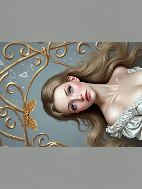 hair highly detailed, 1700S, digital photography, art by artgerm and ruan jia and greg rutkowski surreal painting gold butterfly filigree, broken glass, (masterpiece, sidelighting, finely detailed Fashionable eyes: 1.2) (perfect oval large eyes that gazes ...