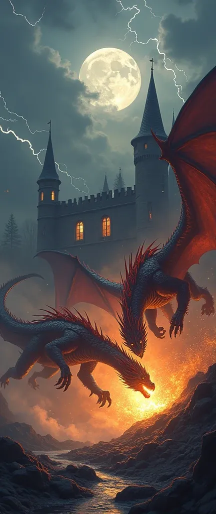 Deux dragons qui crachent du feu s’affrontent dans un combat épique devant un château médiéval avec deux grosses tours rondes en fond. La scène se déroule sous la pleine lune, et il y a des éclairs en fond, avec une ambiance sombre et mystérieuse. 