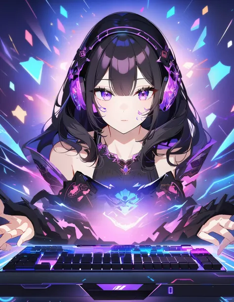 ((backgrounds:video game room)), beautiful, masterpiece, best quality, black hair, audlt, mature, coolbeauty, (pretty eyes), (delicate face), animation, 1girl, gamer, pc game playing, keyboard, (headphones), progamer, intricate details, (5 fingers, fine ha...