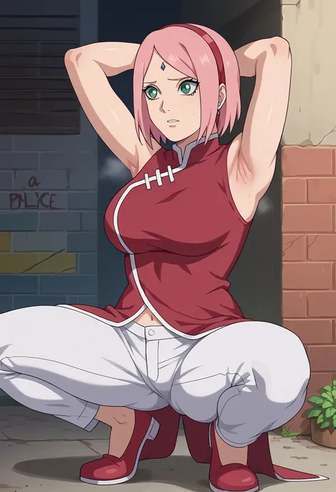 score_9, score_8_アップ, score_7_アップ, ソース_أنيمي, أنيمي screencap,,nsfw,haruno sakura,sakura,green eyes ,pink hair, short hair,, red sleeveless dress, navel, large breasts, white pants,In a dimly lit alley ,Armpit,Armpit wrinkles,Armpit smell,Armpit juice,Arms up,Stretch,pubic hair,under hair,squat down, 
