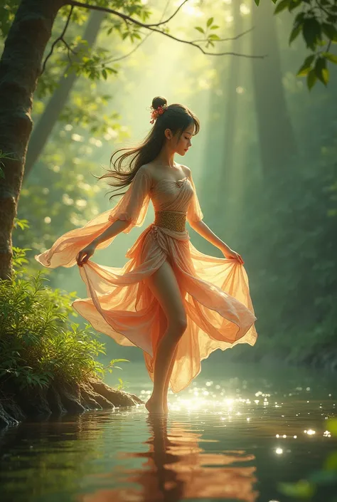 Kina Ri, a beautiful girl in Thai clothes, legs like a bird, playing along the river in the forest.