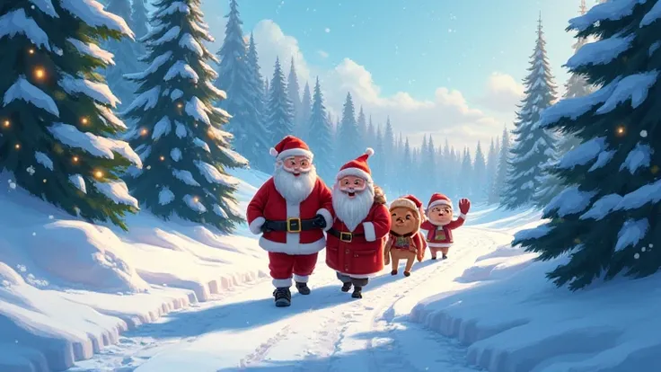 The character, along with Santa Claus and his friends, walk on a beautiful and cheerful snowy road