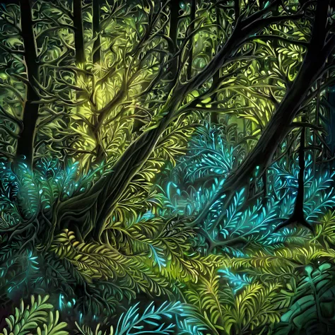 A forest where every tree and plant glows with bioluminescent colors, inhabited by otherworldly creatures with reflective scales