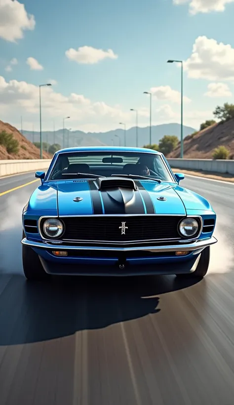 1970 blue Ford Mustang Boss with black stripes in a race scene and the text “‘70 Boss Mustang” 