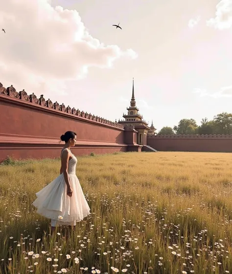 A beautiful woman walking away with Mandalay palace Wall background.