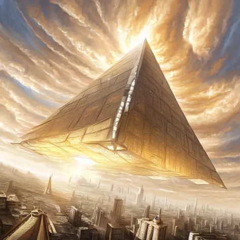 A gigantic, metallic pyramid hovering over a futuristic city, surrounded by swirling clouds and beams of light.