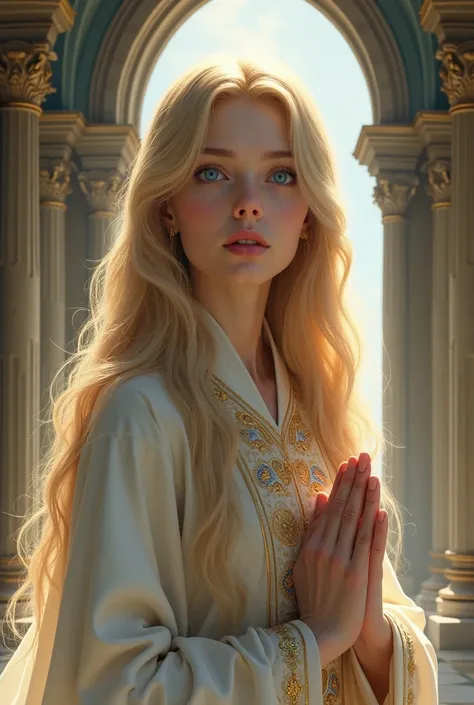 Female, 20s, long blonde hair ,blue eyes, pretty , cleric suits