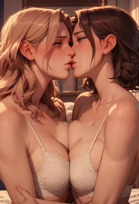  Sensual Woman ,  Embarrassing , shy, Bedroom Eyes,  deep kiss,  white lace underwear, Yuri, 2girls, Chest Press