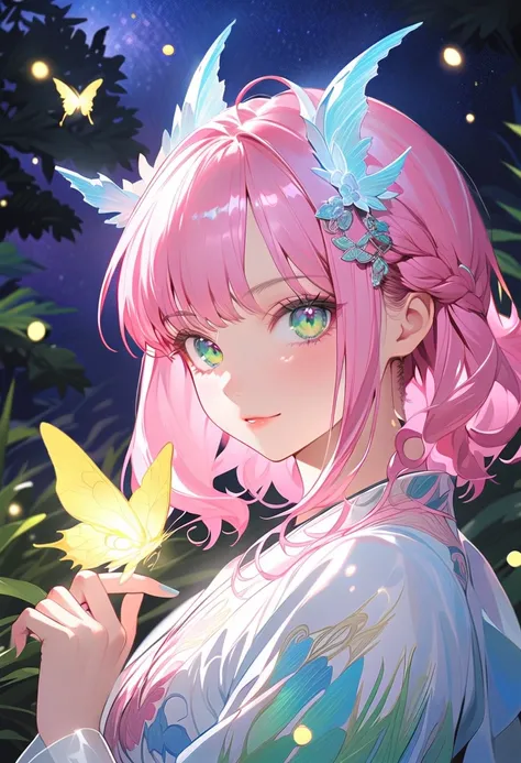 This character is a beautiful adult woman, her lips are pink, she has long shiny bright pink hair, unique bright light blue horns resembling a dragon. Sharp leaf green eyes shine, wearing a slightly short white blue dress decorated with shaped ornaments. b...