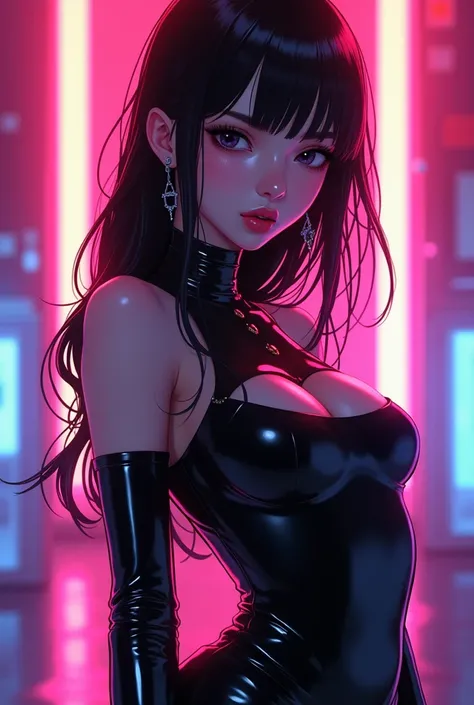 a beautiful woman, anime style from the front, with a black latex dress, neon colors