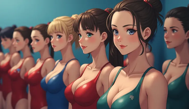 Candid, ultra-realistic photo of a female anime womens swimming team lined up for inspection in a locker room.  They all have very attractive beautiful detailed faces and wear shiny multicolor Leotards. They are all Slovakians and appear to be 25 years old...