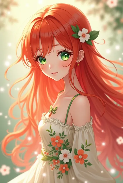  Beautiful Anime Girl , ,  red hair ,  green eyes , and a cute dress with flowers.