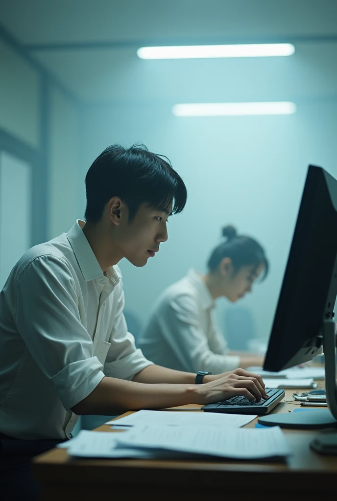 Asian young man, white shirt, office, work with computer, notes papers, haze, a girl work behind