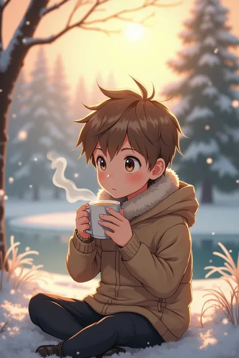 Make a cute anime boy in a beautiful park with coffee and winter time in afternoon 