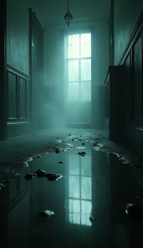 No people, room, creepy perspective, dim, oblique point of view, the floor is water