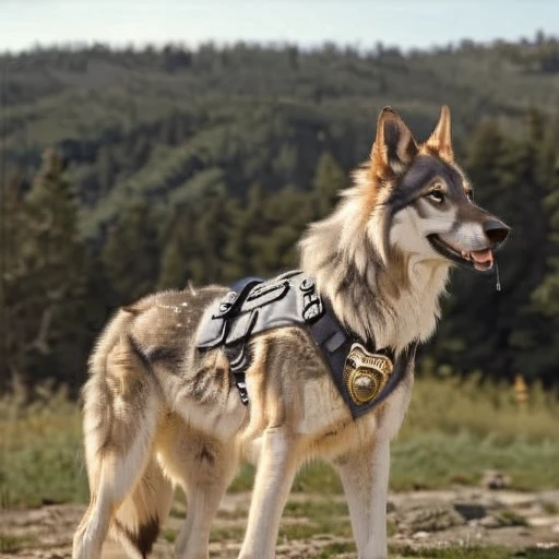 Long haired wolfdog, wearing police dog vest, black leather collar, chain collar, badge, drooling saliva, feral, furry, all fours, very body fur, three tone hair, Looking at viewer, Smile, Open Mouth, Very Long Hair, 