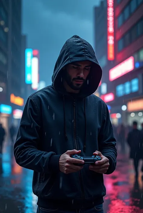 A gamer standing in the rain, wearing a hoodie and holding a gaming controller. The setting is nighttime, with neon lights reflecting on the wet ground. The background features a futuristic city with tall buildings and a dark, cloudy sky. The gamer looks d...