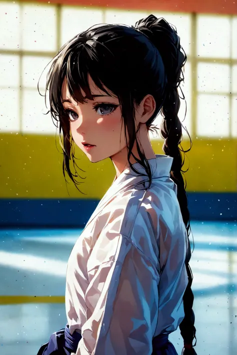 a cunning female high school junior with long braided black hair and thin dark eyes, wearing a Judo gi in a Judo dojo. 