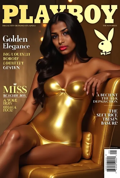 Design a luxurious and elegant Playboy magazine cover for the ‘Miss November’ issue. The theme is ‘Golden Elegance.’ Feature a confident and stunning model with a sleek metallic gold body paint, shimmering under dramatic soft lighting. Her pose is bold yet...