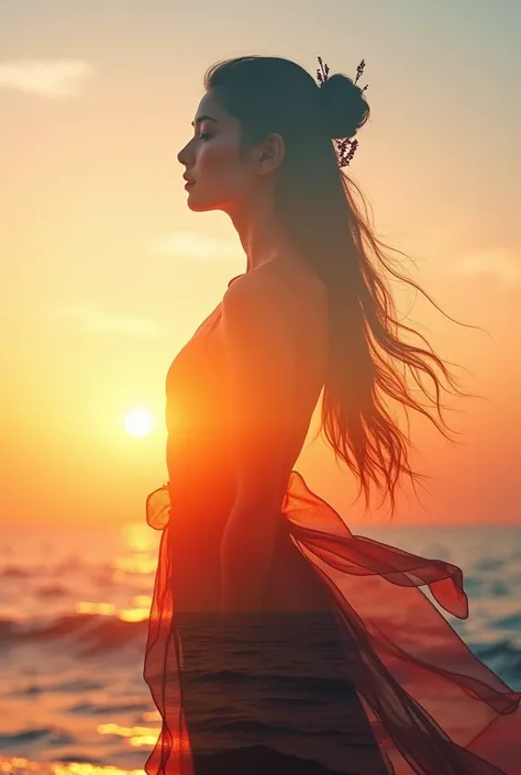  high quality，8K Ultra HD，美丽的 double exposure， combines the silhouette of a goddess with the sunset coast， sunset coast should be used as a ground floor background ，Details are integrated into the silhouette of the goddess， clear lines ，The background is s...