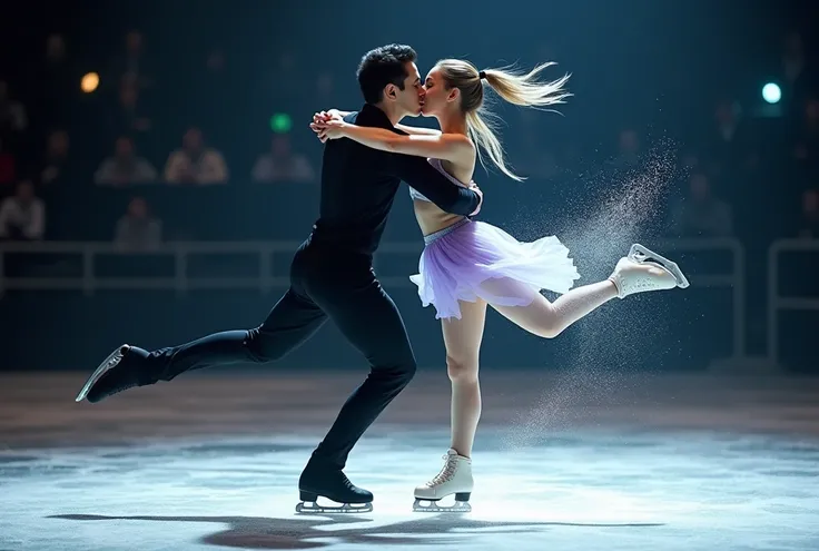 Realistic, theme is "ice dancing", double exposure artwork, "an image of two people skating side by side with their arms outstretched, holding hands and one leg raised behind them in a flying bird-like pose" overlaid with "an image of their profile as they...