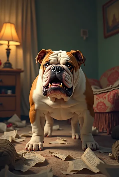 
"An extremely frustrated and angry bulldog standing in the center of a messy living room. The bulldog is medium-sized with a muscular build, wrinkled face, and deep furrowed brows. Its sharp teeth are visible as it growls, and its eyes are wide, glaring w...