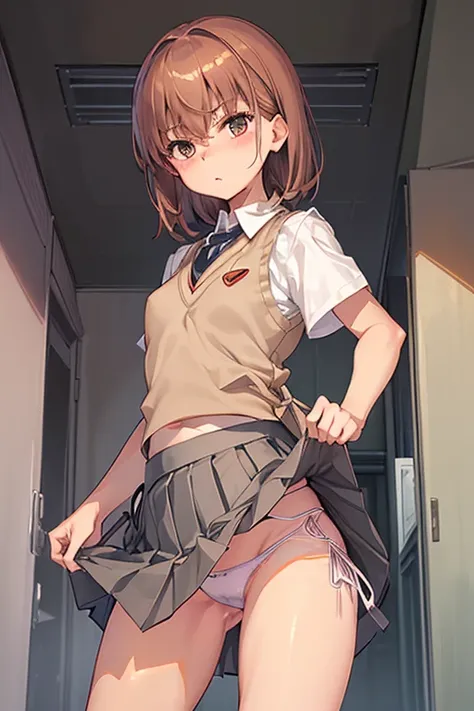 Misaka Mikoto、A Certain Scientific Railgun、girl、Small breasts、whole body、Contrasted、Short sleeve blouse、Beige knit vest、Dark grey plain pleated skirt、best quality,(g-string:1.1),(side-tie panties:1.4),(skirt lift:1.4),(panty shot:1.3),